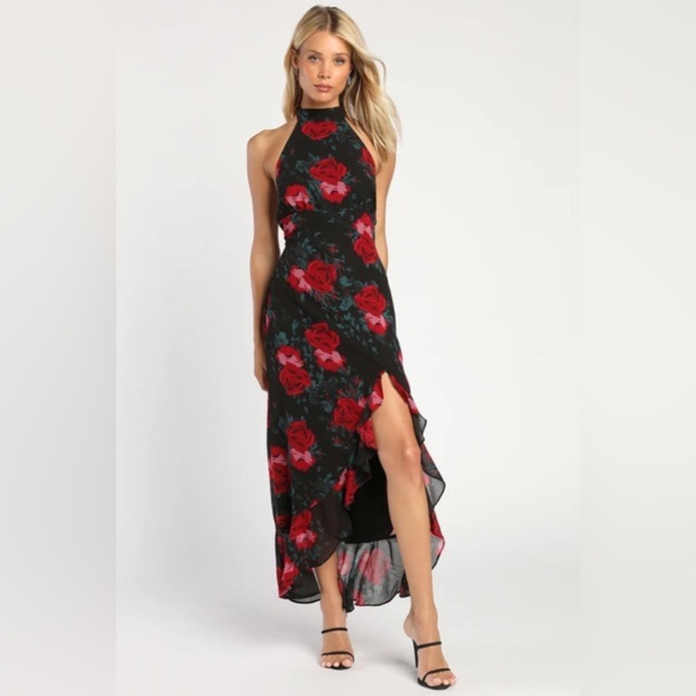Lulu’s Elegant Entrance Black Red Floral Print Halter Maxi Dress
